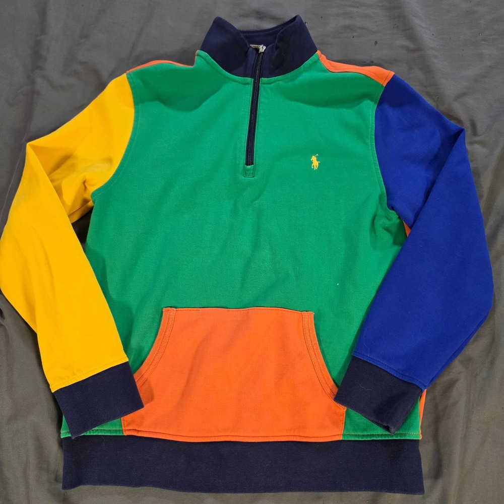 Polo Ralph Lauren Kids Large 14-16 Colorblock Quarter Zip Sweatshirt Green Multi